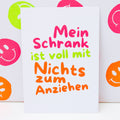 Neon Postkarte „Mein Schrank ist voll“ aus Recyclingpapier